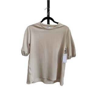 Nordstrom Rack-Short-Puff Sleeve Blouse-Crew Neck Top-Beige-Poly-Women-S-NWT